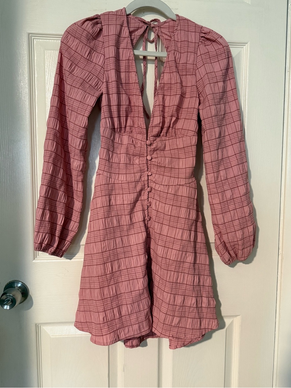 NWT Showpo Pink Plaid Long-Sleeve Mini Dress with Button Front And open w/bow